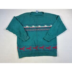 Vintage Unique 1 Native Mainer Hand Loomed Cotton Sweater Lobster Boat Teal Blue